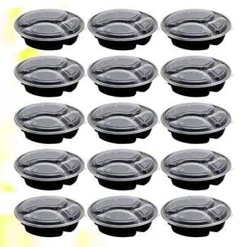 

15pcs Disposable Round Plastic Bento Box 3-Compartment Meal Prep Container Safe Food Storage Containers Fast Food Box 1000ml(Bla