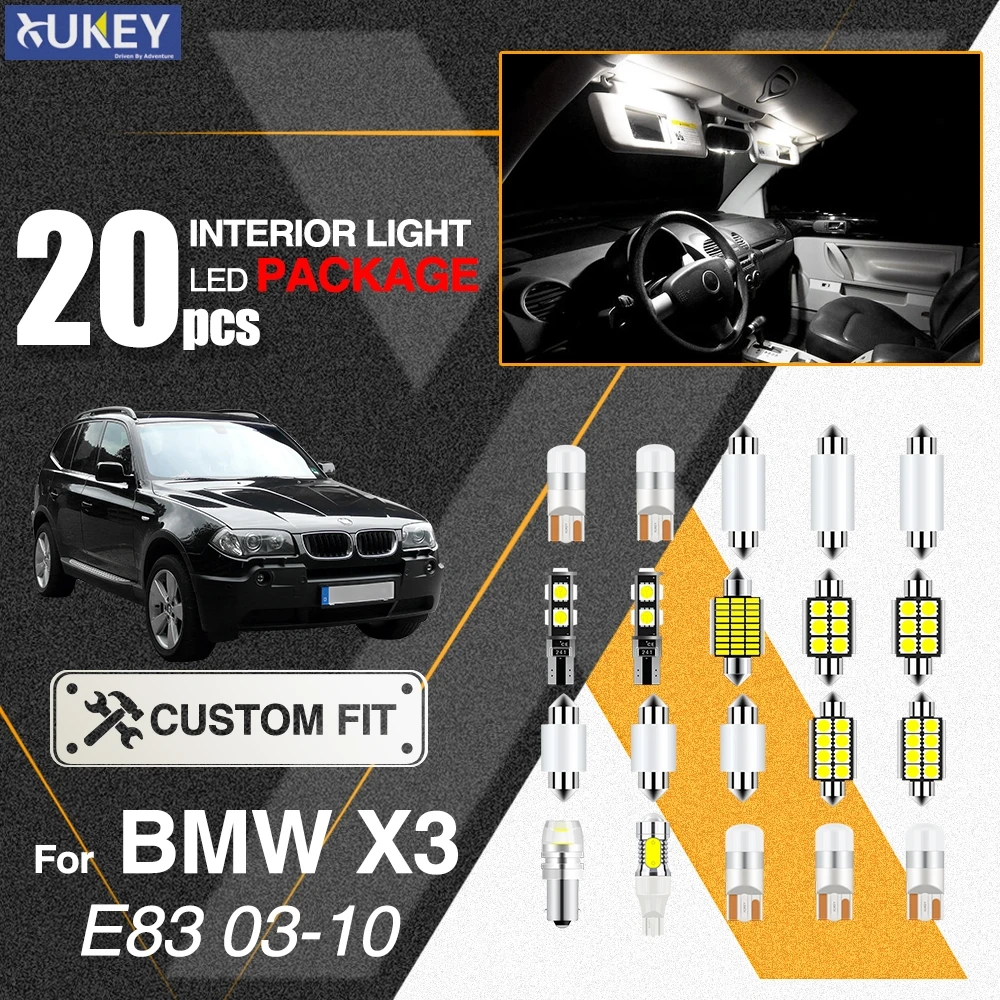 

Xukey 20pcs Interior Light LED Package Kit For BMW X3 E83 2003-2010 Dome Door Vanity Mirror Trunk Back Up Reverse Package Bulbs