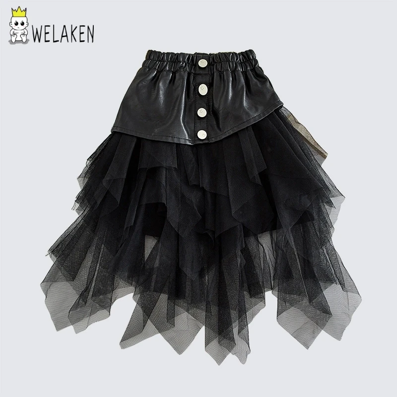 WeLaken/Новая Осенняя сетчатая черная юбка на пуговицах для малышей, вечерние юбки для девочек Новая летняя одежда для маленьких девочек с милым бантом и жемчугом