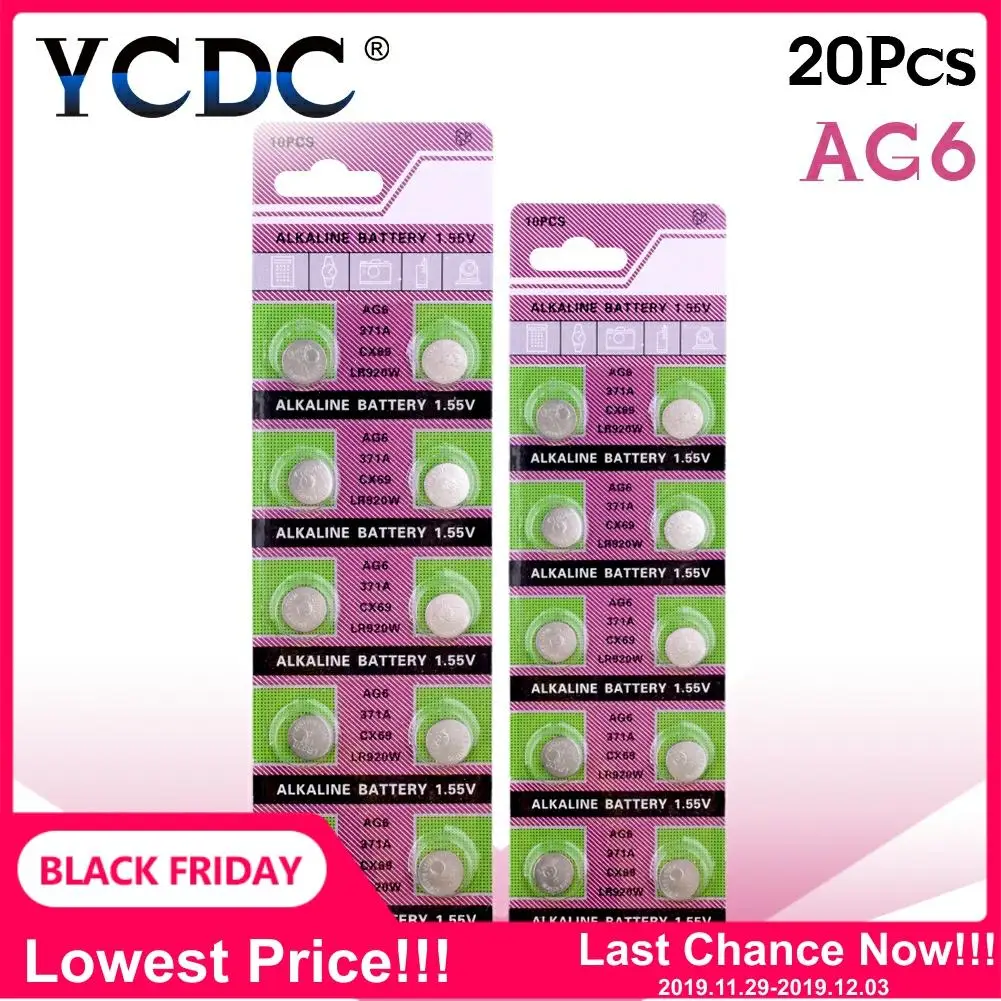 

20pcs/pack LR920 371 L921 AG6 Button Battery SR927 171 Cell Coin Alkaline Batteries 1.55V 371A CX69 LR920W For Watch Toys Remote
