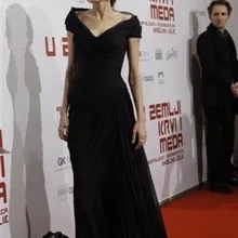 Реальное изображение, длинные платья на заказ, черные шифоновые платья знаменитостей, Красные ковровые плечи, короткие рукава, настоящие вечерние платья для выпускного вечера