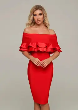 

Top Quality Sexy Slash Neck Off Shoulder Cascading Ruffle Red Bandage Autumn Dress 2019 Rayon Elegant Fashion Female Party Dress