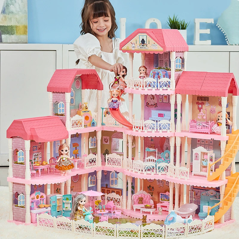 Casa de muñecas de plástico con luz para niñas, Kit de muebles para sala de  juegos, casa de muñecas ensamblada, juguetes para niños, regalos de  bricolaje, Villa Grande de princesa|Casas de muñecas| -