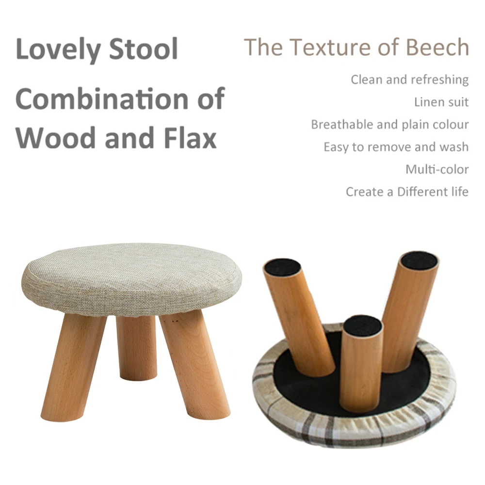 

Round Seat Stool Ottoman Pouf Fabric Solid Wood Footstool Padded Foot Rest Folding Storage Footrest with Removable Cover