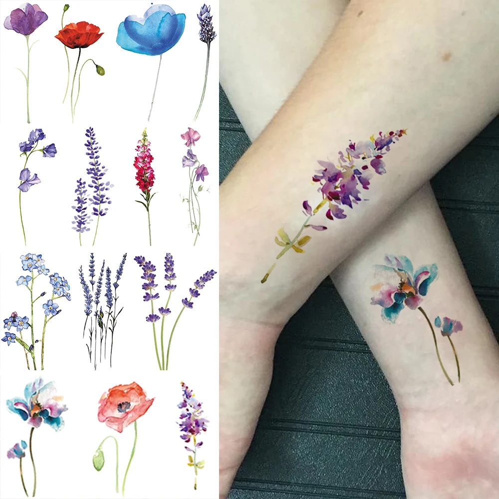 3D akvarel levandule lékařská kvést dočasný tattoos pro ženy tělo umění ruka falešná květena dospělé tetování nálepka vodotěsný dívčí tatoos
