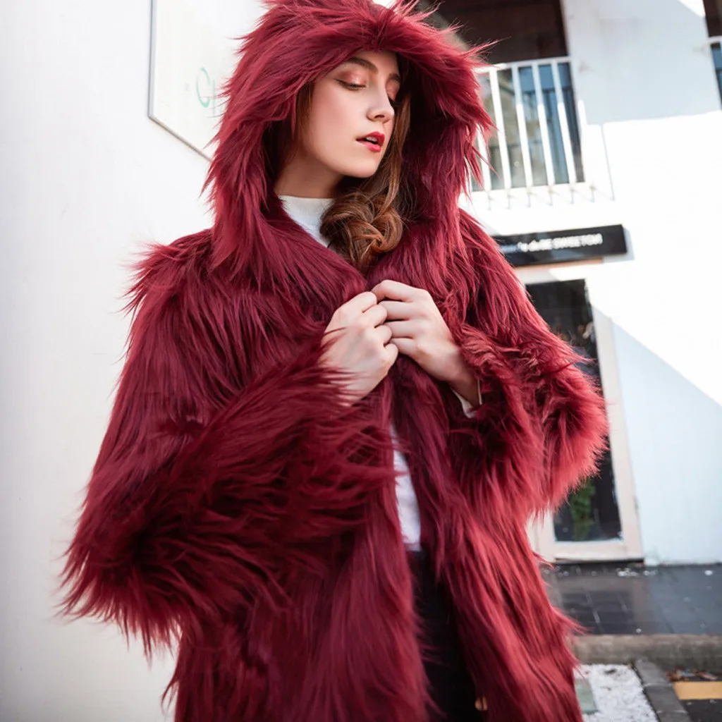 Новинка, пушистый мех с капюшоном, пальто, женская пушистая теплая верхняя одежда с длинным рукавом, осенне-зимнее пальто, куртка без воротника, пальто# G30