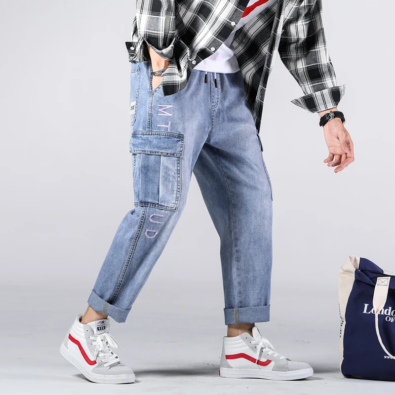 Black Friday Large size men's Overalls Ankle pants jeans pants obesity jeans stretch blue large 6XL 7XL Man trousers Comfortable Drawstring