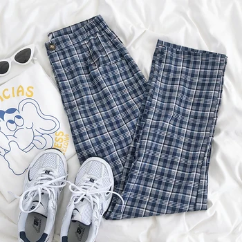 

Blue Plaid Pants Women Slim Casual High Waist Simple Pants