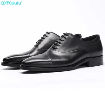 

QYFCIOUFU Formal Men's Cap Toe Dress Shoes Brand Genuine Leather Shoes Luxury Black Brown Male Shoes Breathable Flats Dress Shoe