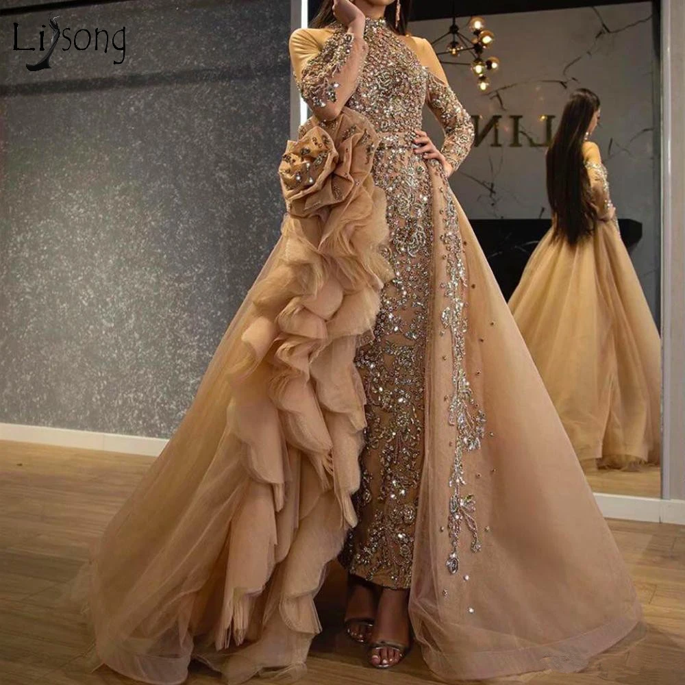 Luxury Mermaid 2020 Prom Dresses With Detachable Train High Neck Long Sleeve Evening Gowns Glitz Beaded Pageant Dresses For Girl