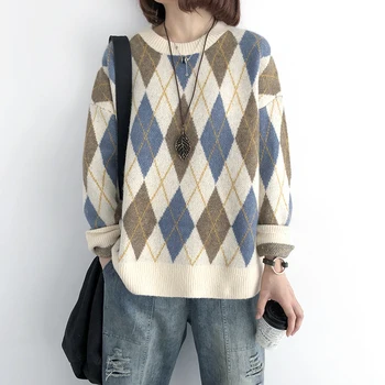 

Thick Sweater Women's Autumn and Winter New Diamond Shaped Loose Large Size Medium Long Sleeve Head Warm O-neck Bottom Knit