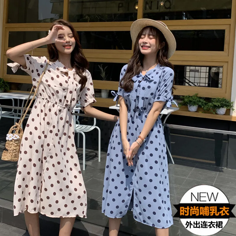 

Nursing Dress 2019 Retro Polka Dot Slimming Nursing Clothes Bow Princess Breastfeeding Skirt Mid-length Maternity Clothes