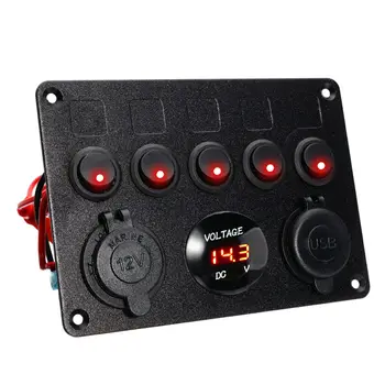 

5 Gang LED Rocker Switch Panel ON-OFF Toggle 2 USB Waterproof Electrical Circuit Breaker For Marine RV Boat Truck-Camper 12V 24V