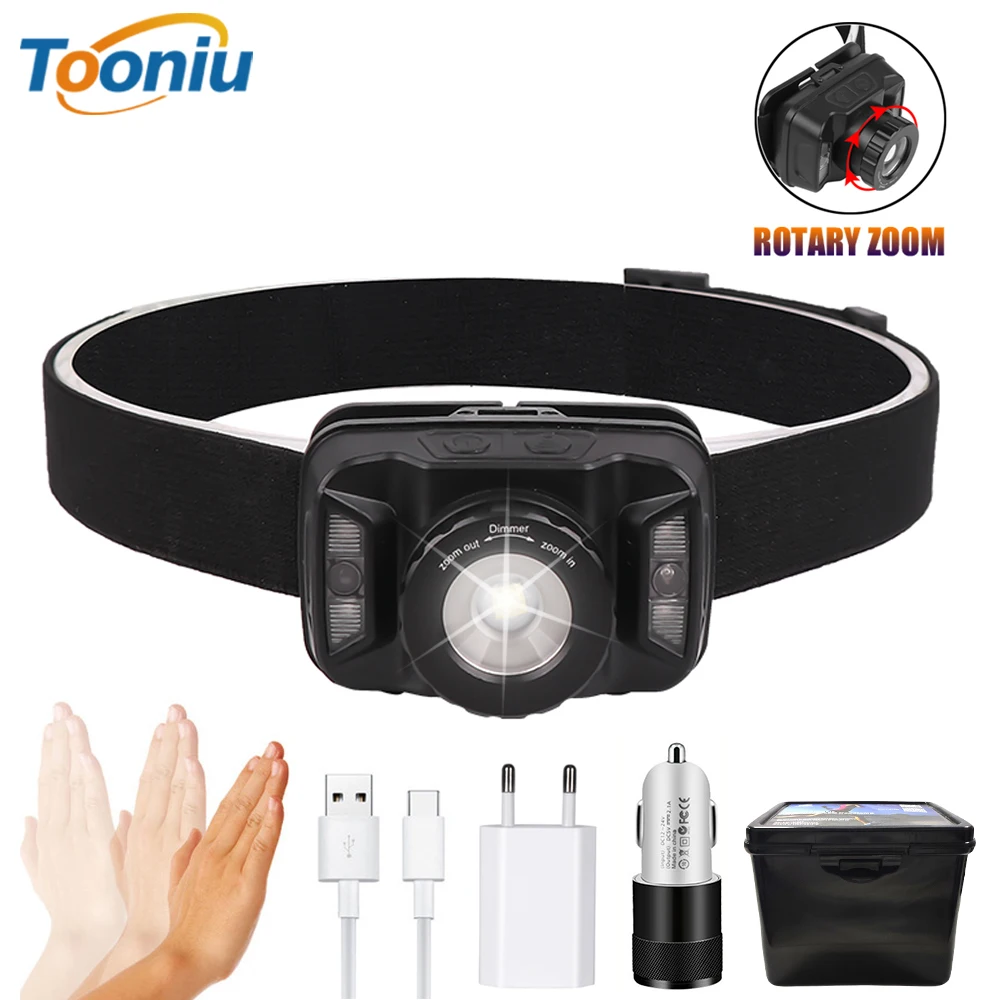 

Waterproof LED Headlamp USB Rechargeable Rotating Zoom Headlight 6 Mode Built-in Inductive Fishing Light with Battery Display