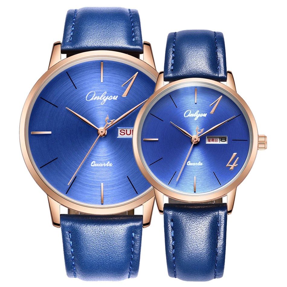 

ONLYOU Leather Watchband Lovers Watch Waterproof Quartz Watch Women Watches Week Display Male Clock 81150L