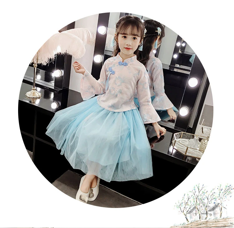 Hanfu/детский кружевной Чонсам; Ципао для девочек; Традиционный китайский новогодний костюм; восточные платья с длинными рукавами; платье для дня рождения
