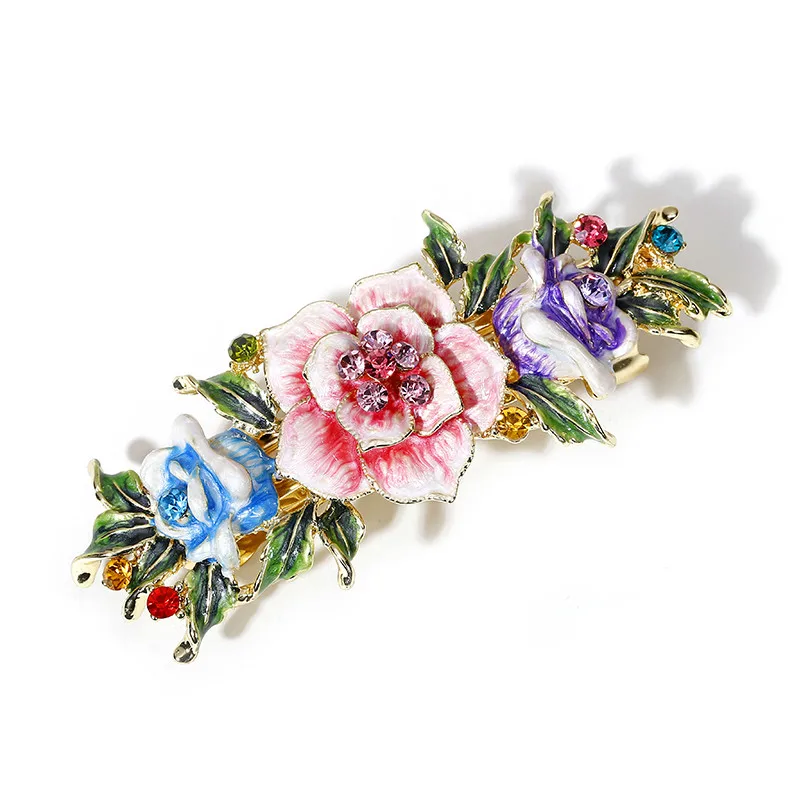 Muylinda Enamel Flower Chinese Hair Clip Jewelry Vintage Rose Rhinestone Hair Pin Barrettes Women Banquet Hair Accessories