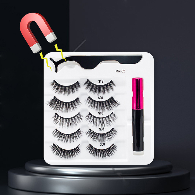 3/5/7Pairs Magnetic Eyelashes False Lashes Repeated Use Eyelashes Waterproof Liquid Eyeliner With Tweezer Makeup Set