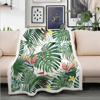 

WOSTAR Tropical Plants Palm Leaf Green Leaves Design Flannel Fleece Blanket 3D Printed plaid square Adult Blanket