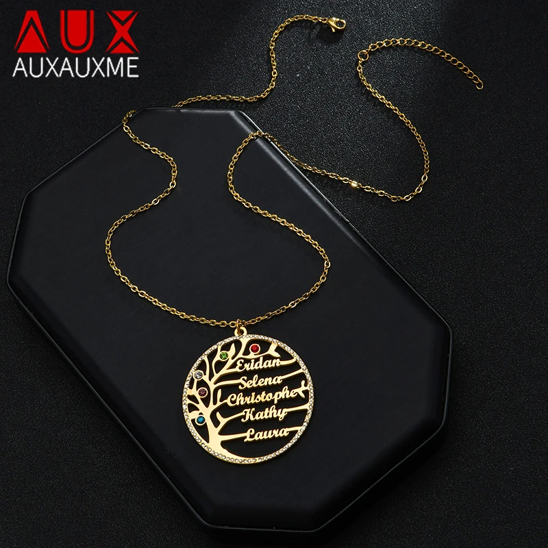 

Auxauxme Customized Tree Of Life Birthstone Name Necklace Stainless Steel Golden Family Member Nameplate Choker Jewelry Gifts