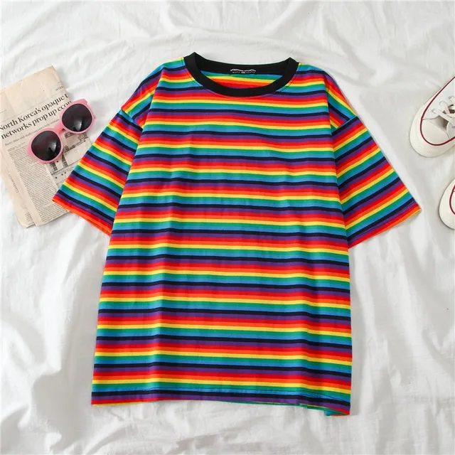 Sweet Rainbow Stripe Women Summer T-Shirt Minimalist Short Sleeve Women clothes Vogue Tops tee shirt couple clothes