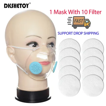 

1PCS Transparent Face Mask with 10PCS Filter Valve Reusable Deaf Mute Lip Mouth Mask Washable mascarillas mouth protective Masks