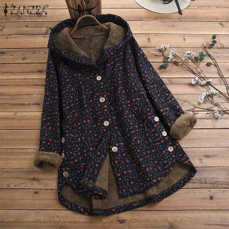 Женские флисовые куртки с принтом ZANZEA Kaftan пальто с капюшоном Повседневная Верхняя одежда на пуговицах женские асимметричные топы Туника большого размера