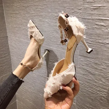 

2020 Leisure Flock Buckles Pointed Toe Ladies Shoes Med Thin Heel Luxury Shoes Women Designers