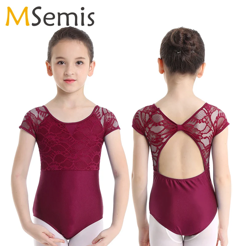 Kids Girls Floral Lace Gymnastics Leotards Ballerina Bowtie Shaped Back