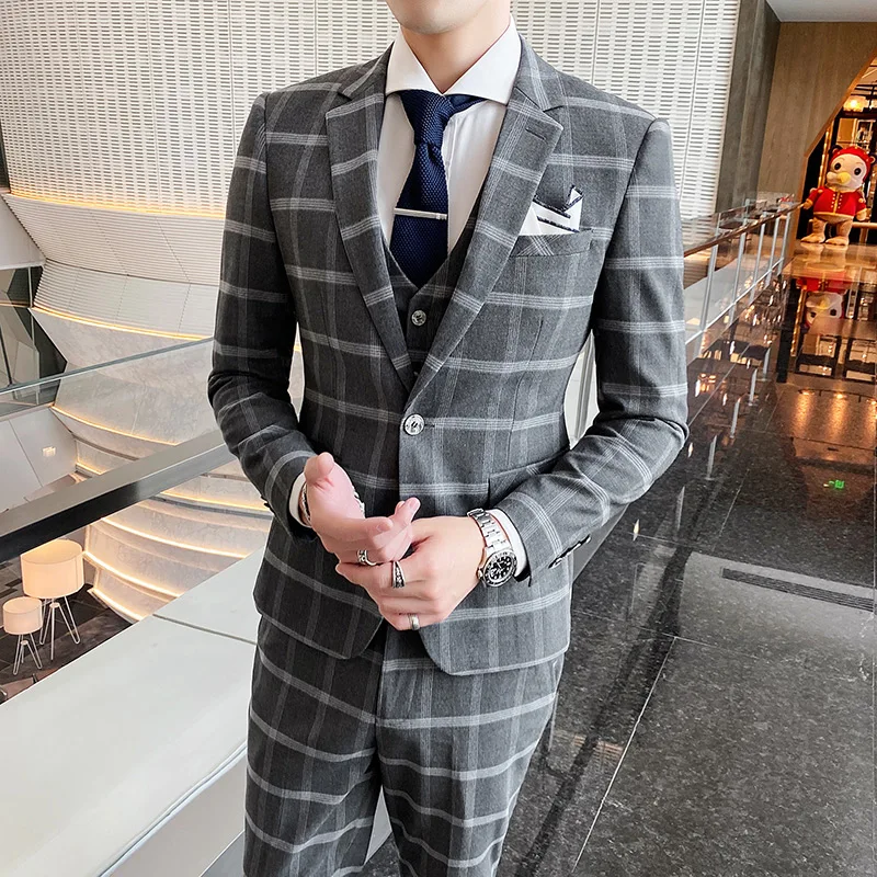 Abito da sposa a scacchi grigio uomo 2021 nuova primavera autunno 3 pezzi abito  scozzese per uomo Slim Fit Costume Casual Homme pantaloni gilet Q305|Suits|  - AliExpress