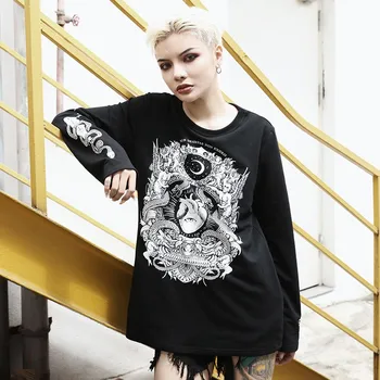 

2019 Halloween Women Hoody Autumn Thin Pullover Gothic Demon Printed Hoodies Sweartshirt Fashion Streetwear Female Black Tops