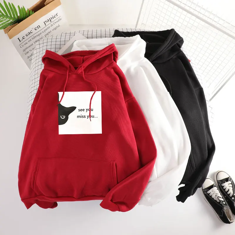 Kawaii cat miss you letter print men hoodie white 2020 vogue japanese warm jacket long sleeve 1