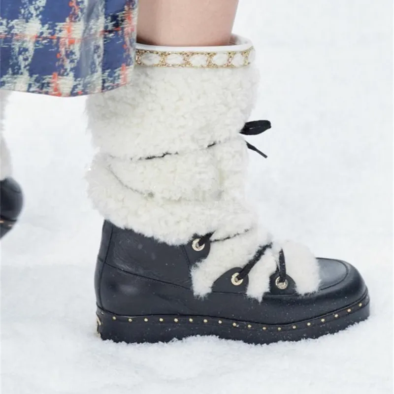 Новинка; зимние женские ботинки на шнуровке с шипами из овчины и кожи; цвет бежевый, черный; высокие сапоги с круглым носком; зимние сапоги с цепочками