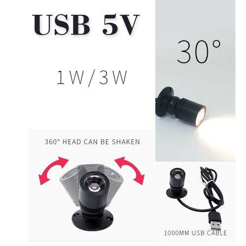 EtrnLED USB 5V Led 스포트 라이트, 1W 3W 표면 장착 캐비닛 쇼케이스 카운터 쥬얼리 램프 회전식 각도 천장 미니 스포트라이트 3
