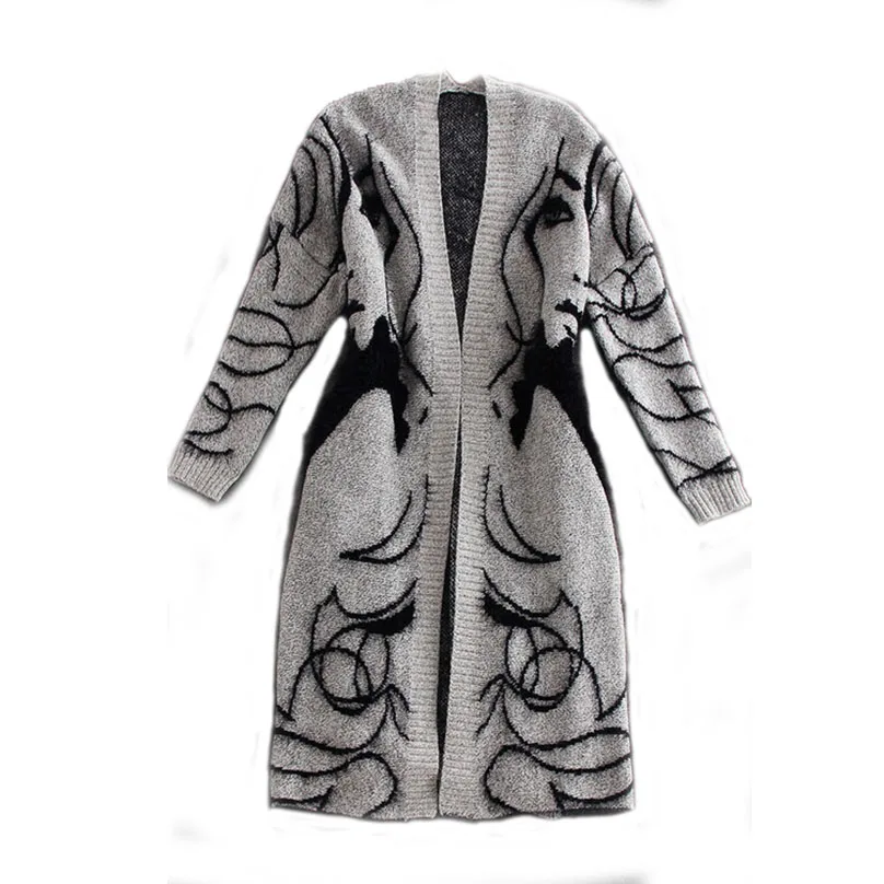 

Woman Grey Oversized Ethnic Trend Long Knitted Cardigan Sweater Jacket Coat Female Autumn Casual V-Neck Long Sleeve Cardigan Top