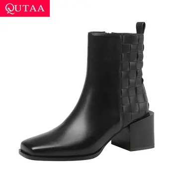 

QUTAA 2021 Square High Heel Ankle Boots Quality Cow Leather PU Women Shoes Autumn Winter Square Toe Zipper Short Boots Size34-39