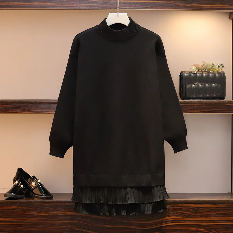 Plus Size M-4XL Autumn Winter Women Knitting Sweater Dress Female Loose Chiffon Patchwork Solid Pullover Dresses L4044