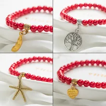 Шарм красный натуральный камень женские браслеты Морская звезда птица жизни Дерево любовь сердце перо модные эластичные браслеты для женщин