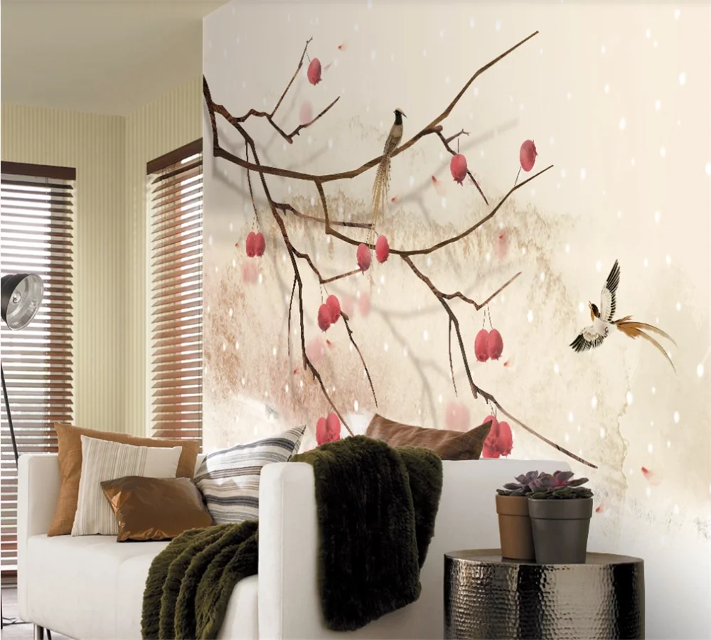 Custom 3D wallpaper mural new Chinese style landscape trees flowers and birds background wall decoration painting