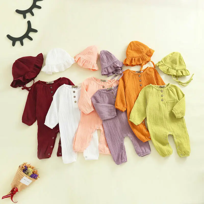 

Newborn Infant Baby Girl Kid Body Suit Romper + Hat Autumn Winter Clothes Sets Solid Color Long Sleeve Clothings Sunsuits New