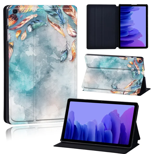 Tablets Case for Samsung Galaxy Tab A7 10.4 Inch 2020 T500/T505 Printed Feather PU Leather Tablet Stand folio Cover+ Free Stylus 26.rainbow feather