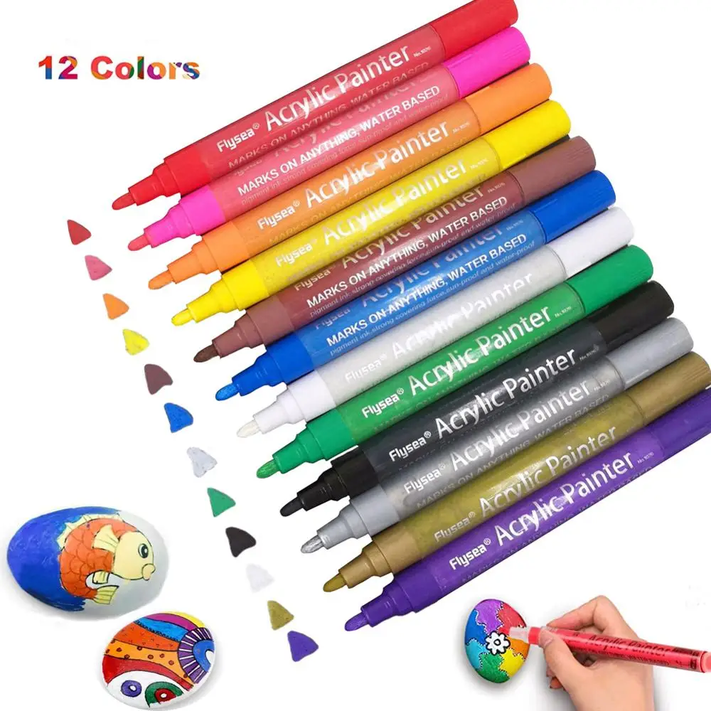 Rotuladores acrílicos de pintura acrílica, juego de 12/ 18 colores, plumillas acrílicas para bricolaje, Roca, cerámica, madera, etc. (punta media)