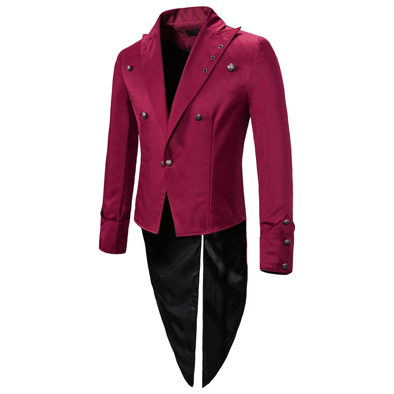 Мужской костюм в викторианском стиле, черный смокинг, модный фрак, Готический стимпанк, Тренч, куртка, пальто, наряд, форма ласточкин хвост для взрослых - Цвет: Красный