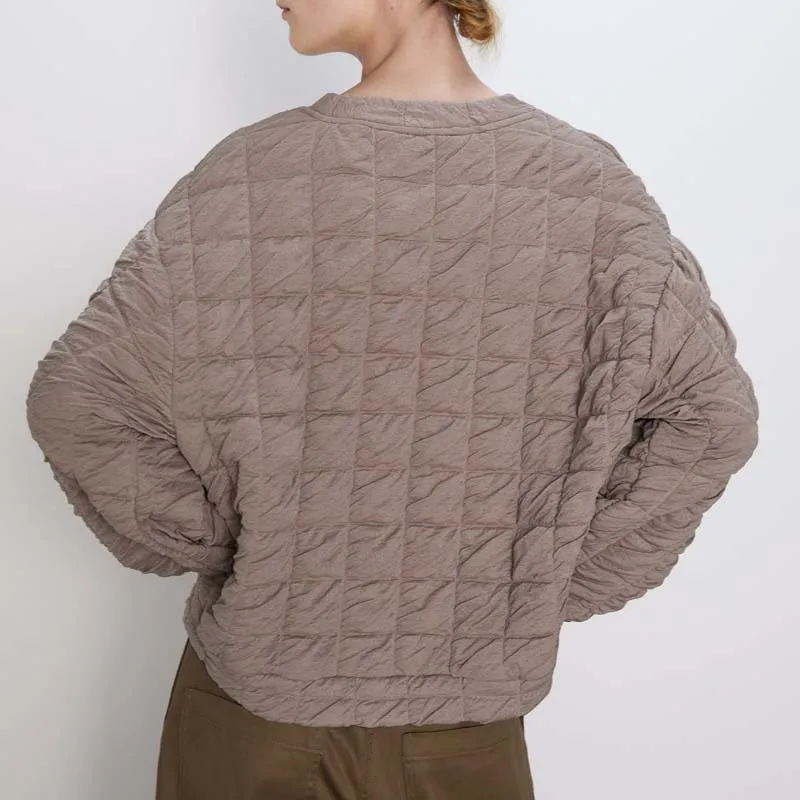 Зимняя Женская Стеганая толстовка, Свободный пуловер с длинными рукавами, топ с круглым вырезом, однотонная женская одежда