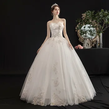 

Feerijt 2020 New Sexy Strapless Simple Wedding Dress For Women Lace Flower Plus Size Custom Made Ball Gown Robe De Mariee