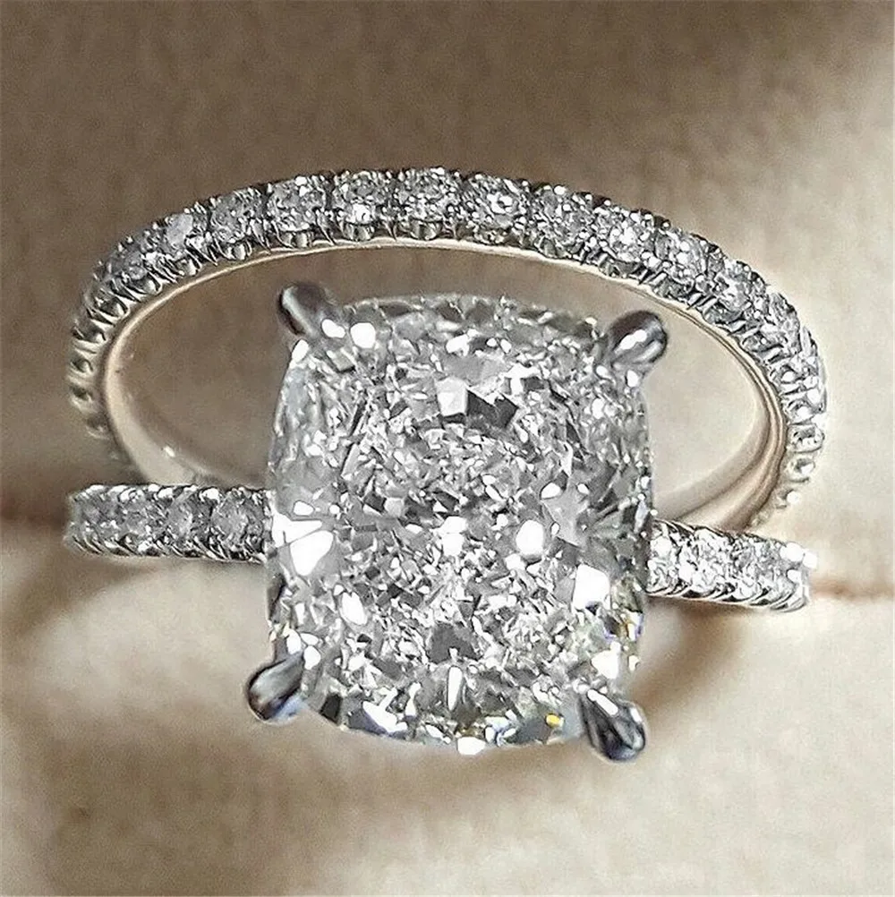 

2pcs Set Women Silver Color Wedding Rings Set Row Drill Jewelry Princess White Cut Zircon Bridal Sets Engagement Party Jewelry