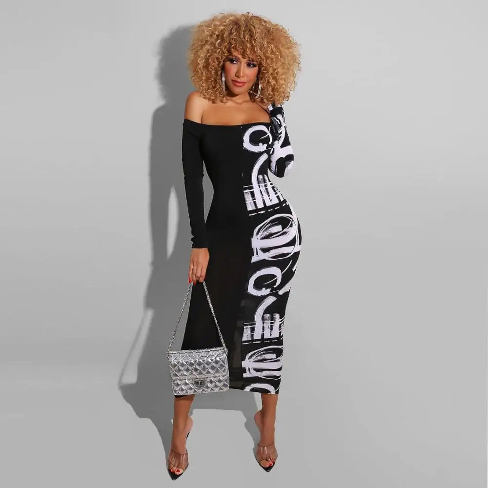 

Echoine Letter Print Maxi Long Dress Women Sexy Off Shoudler Slash Neck Skinny Bodycon Long Sleeve Dresses Party Club Outfits