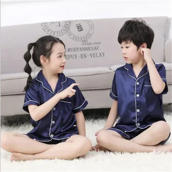 

3-15 years Children Girls Boys Pajamas Set Silk fabric Pajama summer Kids home Clothes Nightwear Sleepwear Girl Clothes Set