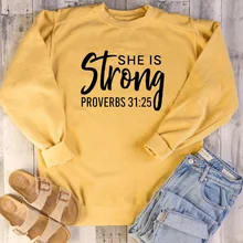 She is Strong Толстовка Повседневная забавная с длинным рукавом Crewneck Christan религиозная модная одежда хлопковый пуловер наряды с Иисусом