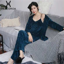 Ночная рубашка, кофточка от пижамы, пижамные штаны, 3 комплекта, гибкая теплая Повседневная Домашняя одежда, зимняя женская ночная рубашка, костюм, пижама, femenina